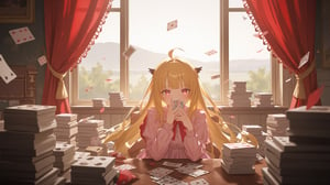 A young girl sits pensively on a worn chair, surrounded by stacks of playing cards, amidst a room bathed in soft, warm light. A large window behind her frames a serene landscape, while red curtains flutter gently. Her long blonde hair falls to her shoulders, with bangs framing her thoughtful expression. The pink dress and red bow add a touch of whimsy, as she holds a card tightly in her hand, lost in contemplation.