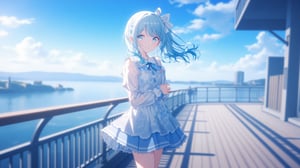 a young anime girl stands on a wooden deck in front of a metal railing. She is dressed in a light blue dress adorned with a detailed floral pattern, adorned with intricately tied blue ribbons and a perfectly placed white bow. Her hair is pulled back in a neat and flowing ponytail, with strands catching the light, adding a pop of color to the scene. Her eyes sparkle with life, and her expression is serene yet curious. The sky is a deep blue, dotted with fluffy white clouds, and a few buildings can be seen in the distance, their outlines sharp against the horizon. The sunlight casts gentle shadows, highlighting the texture of the wooden deck and the metal railing.