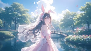 Captured at eye-level on a cloudy day, a young Asian girl, dressed in a pink dress, adorned with a white lace veil, is stunning against the backdrop of a body of water. Her hair is cascading down her back, adding a touch of warmth to the scene. She's wearing a pair of bunny ears, adorned in pink and white, adorned by a pink ribbon. Her eyes are closed, a soft smile on her face, and her lips are painted a soft pink. The girl's hair is long, dark brown, and she's smiling. The backdrop is a vibrant blue sky, dotted with white fluffy clouds. In the background, there is a quaint wooden bridge arching over the water, leading to a small garden filled with blooming flowers and lush greenery. The garden is bordered by tall, ancient trees whose leaves rustle gently in the breeze.