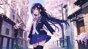 masterpiece, best quality, high quality, extremely detailed CG unity 8k wallpaper, extremely detailed, High Detail, vibrant colors, backlight, photo background, 

(1girl, solo), Tohka Yatogami, yatogami_tohka, yatogami_tohka, tohka (date a live), long hair, breasts, looking at viewer, blush, smile, open mouth, bangs, skirt, shirt, black hair, thighhighs, long sleeves, ribbon, hair between eyes, medium breasts, very long hair, school uniform, standing, purple eyes, jacket, hair ribbon, white shirt, flower, :d, cowboy shot, pleated skirt, outdoors, collared shirt, black thighhighs, miniskirt, red ribbon, blue skirt, zettai ryouiki, petals, neck ribbon, floating hair, blazer, outstretched arm, cherry blossoms, outstretched hand, stairs,

Anime girl, long black hair, wearing blue school uniform with red ribbon, standing under cherry blossom tree, petals falling, spring atmosphere, inviting gesture, detailed, vibrant colors, high resolution,