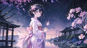 masterpiece, best quality, high quality, extremely detailed CG unity 8k wallpaper, extremely detailed, High Detail, vibrant colors, backlight, photo background, dreamy atmosphere, serene, peaceful, pastel colors,

1girl, solo, short hair, black hair, hair ornament, flower, japanese clothes, hair flower, kimono, blurry, lips, sash, looking up, yukata, fireworks, sparkler,

A woman wearing a traditional light purple kimono, holding a sparkler at night, She has pink and white flowers in her hair, The background features a water surface with colorful, blurred lights, creating a dreamy atmosphere,