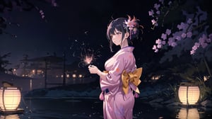 masterpiece, best quality, high quality, extremely detailed CG unity 8k wallpaper, extremely detailed, High Detail, vibrant colors, backlight, photo background, dreamy atmosphere, serene, peaceful, pastel colors,

1girl, solo, short hair, black hair, hair ornament, flower, japanese clothes, hair flower, kimono, blurry, lips, sash, looking up, yukata, fireworks, sparkler,

A woman wearing a traditional light purple kimono, holding a sparkler at night, She has pink and white flowers in her hair, The background features a water surface with colorful, blurred lights, creating a dreamy atmosphere,