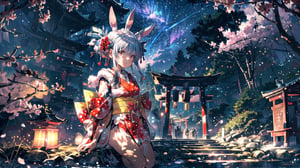 //Quality
(((best quality, 8k wallpaper))), ((detailed eyes, detailed illustration, masterpiece, ultra-detailed)),

//Charater
1girl, solo, usada pekora(kimono1, (red kimono:1.5), ), 

// Pose
upper body, (dynamic angle), 
looking at viewer, 

// Background
((detailed background)), midjourney, yofukashi background,perfect light, (cherry blossoms), extremely delicate and beautiful, ((background: shrine, night stars iridescent)), ((nightime, detailed stars)), Night view in the shrine, A girl prays in front of a shrine at night, behind her is a row of lanterns and a red torii gate