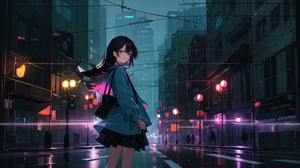 masterpiece, best quality, high quality, extremely detailed, High Detail, vibrant colors, backlight, 

(1girl, solo), long hair, looking at viewer, bangs, black hair, long sleeves, parted lips, lips, dress, standing, delicate face, soft lighting,

night, outdoors, tree, ground vehicle, city, car, road, lamppost, street, crosswalk, night city street, buildings, street lights, trees, road signs, reflections on wet ground, urban night scene, light rain, glowing neon signs, misty ambiance, bustling city, illuminated skyscrapers, busy streets, traffic lights, sidewalk, shop windows, cityscape, urban skyline, 