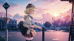 masterpiece, best quality, high quality, extremely detailed, High Detail, vibrant colors, backlight, colorful, illustration, purple and pink hues

(1girl, solo), short hair, blue eyes, blonde hair, monocle hair ornament, from side, virtual youtuber, amelia watson, watson amelia, amelia_detective, collared shirt, red necktie, plaid skirt, thighhighs, (detective accessories:0) deerstalker, brown capelet, pocket watch, 

outdoors, sky, cloud, wind, sunset, sunset sky, large clouds, detective outfit, plaid hat, wind blowing, soft lighting, outdoor scene, bus stop sign,
