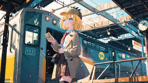 masterpiece, best quality, high quality, extremely detailed, High Detail, vibrant colors, 

(1girl, solo), virtual youtuber, amelia watson, amelia_detective, collared shirt, red necktie, plaid skirt, thighhighs, smile, holding, standing, from side, clock, pocket watch, deerstalker, detective outfit, trench coat, preparing to board a train, 

platform with train, train station, big windows, sunlight, sunlight streaming through, vintage clock on the wall, warm and inviting atmosphere, morning light, sense of adventure and anticipation