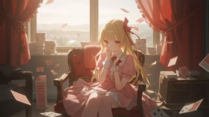 A young girl sits pensively on a worn chair, surrounded by stacks of playing cards, amidst a room bathed in soft, warm light. A large window behind her frames a serene landscape, while red curtains flutter gently. Her long blonde hair falls to her shoulders, with bangs framing her thoughtful expression. The pink dress and red bow add a touch of whimsy, as she holds a card tightly in her hand, lost in contemplation.