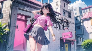 masterpiece, best quality, high quality, extremely detailed CG unity 8k wallpaper, extremely detailed, High Detail, vibrant colors, backlight, photo background, 

(1girl, solo), long hair, looking at viewer, smile, skirt, shirt, black hair, navel, jewelry, standing, short sleeves, pleated skirt, midriff, bag, bracelet, grey skirt, pink shirt, shoulder bag,

girl, pink short sleeve top, grey pleated skirt, yellow small bag, standing, blue shutter door, white text, posing with hands above head, casual outfit,