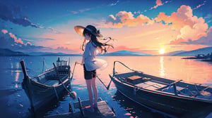 masterpiece, best quality, high quality, extremely detailed CG unity 8k wallpaper, extremely detailed, High Detail, vibrant, colors, backlight, ethereal, dreamy, soft lighting,

(1girl, solo), shirt, black hair, hat, white shirt, outdoors, sky, shorts, water, ocean, white headwear, black shorts, sun hat, sunset, photo background,

A girl standing by the sea during sunset, wearing a white lightweight blouse and black shorts, with a white wide-brimmed straw hat, The background features a calm ocean with multiple boats anchored in the distance, and the sky displaying a beautiful gradient from orange to blue, surrounded by soft clouds and gentle light reflections on the water, giving a serene and magical atmosphere,