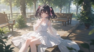 masterpiece, best quality, high quality, extremely detailed CG unity 8k wallpaper, extremely detailed, High Detail, vibrant colors, backlight, 

(1girl, solo), looking at viewer, black hair, dress, sitting, white dress, see-through, realistic, salute, bench,

A person sitting outdoors on a wooden floor, wearing a white dress and transparent long sleeves, with a pink bow accessory in hair, sunlight creating bright shadows, natural and comfortable environment with trees and wooden benches in the background