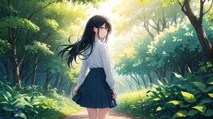 masterpiece, best quality, high quality, extremely detailed CG unity 8k wallpaper, extremely detailed, High Detail, vibrant, colors, backlight, simple background, ethereal, dreamy, soft light, pastel hues,

1girl, solo, long hair, skirt, shirt, black hair, long sleeves, standing, outdoors, striped, from behind, tree, blue skirt, long skirt, striped shirt, fence, facing away,

A girl with long black hair, wearing a striped long-sleeve shirt and a dark blue skirt, walking on a forest path surrounded by trees, The ground is covered with fallen leaves, creating a tranquil and natural atmosphere, soft glow, misty background, gentle breeze, warm tones, soft focus,