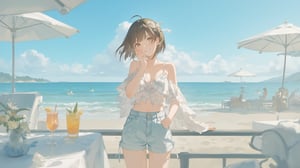 (1girl, solo), looking at viewer, smile, short hair, skirt, brown hair, hair ornament, outdoors, shorts, day, ocean, denim,

Young woman at the beach, wearing light denim shorts and a floral camisole, standing by a railing with the ocean in the background, two drinks on the table, beach umbrellas overhead, relaxed and serene atmosphere