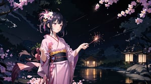 masterpiece, best quality, high quality, extremely detailed CG unity 8k wallpaper, extremely detailed, High Detail, vibrant colors, backlight, photo background, dreamy atmosphere, serene, peaceful, pastel colors,

1girl, solo, short hair, black hair, hair ornament, flower, japanese clothes, hair flower, kimono, blurry, lips, sash, looking up, yukata, fireworks, sparkler,

A woman wearing a traditional light purple kimono, holding a sparkler at night, She has pink and white flowers in her hair, The background features a water surface with colorful, blurred lights, creating a dreamy atmosphere,