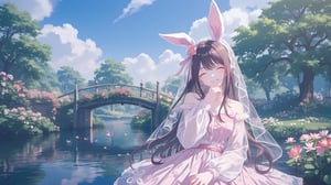 Captured at eye-level on a cloudy day, a young Asian girl, dressed in a pink dress, adorned with a white lace veil, is stunning against the backdrop of a body of water. Her hair is cascading down her back, adding a touch of warmth to the scene. She's wearing a pair of bunny ears, adorned in pink and white, adorned by a pink ribbon. Her eyes are closed, a soft smile on her face, and her lips are painted a soft pink. The girl's hair is long, dark brown, and she's smiling. The backdrop is a vibrant blue sky, dotted with white fluffy clouds. In the background, there is a quaint wooden bridge arching over the water, leading to a small garden filled with blooming flowers and lush greenery. The garden is bordered by tall, ancient trees whose leaves rustle gently in the breeze.