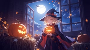 Mystical Moonlight Encounter: A young anime girl, dressed in a black cape and witch hat, holds a pumpkin with an intense gaze. Standing before a large window framing a moonlit night sky, her focus is riveted on the pumpkin. To her left, a vibrant yellow pumpkin sits atop a straw bale amidst autumn leaves, adding a burst of warmth to the enchanting scene.