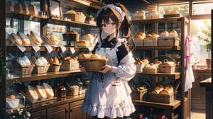 masterpiece, best quality, high quality,extremely detailed CG unity 8k wallpaper, extremely detailed, High Detail, colors, 

(1girl, solo), long hair, looking at viewer, bangs, brown hair, long sleeves, holding, brown eyes, full body, ponytail, food, shoes, socks, indoors, black footwear, apron, white socks, basket, head scarf, 

a young girl wearing a pink apron and white long-sleeve shirt, with a white cloth hat on her head, holding a basket of bread, next to a glass display case in a bakery, cute and focused expression,girl,