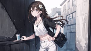 masterpiece, best quality, high quality, extremely detailed CG unity 8k wallpaper, extremely detailed, High Detail, vibrant, colors, backlight, simpler background, white background, grayscale background, elegant, chic, stylish, fashionable,

(1girl, solo), long hair, looking at viewer, brown hair, shirt, holding, jewelry, standing, upper body, flower, short sleeves, shoes, midriff, pants, necklace, bag, crop top, hand on hip, black shirt, white footwear, sneakers, watch, handbag, white pants, tiles, wristwatch, holding bag,

A young fashionable woman standing in front of a wall decorated with white floral reliefs, wearing a black crop top, white loose pants, gray sneakers, and holding a black handbag, minimalist and modern style, stylish accessories, 