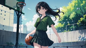 masterpiece, best quality, high quality, extremely detailed CG unity 8k wallpaper, extremely detailed, High Detail, vibrant colors, backlight, photo background,

(1girl, solo), long hair, (black hair), black eyes, looking at viewer, green top, shirt, green shirt, black bottom, (black skirt), shirt, standing, upper body, short sleeves, cowboy shot, pleated skirt, outdoors, day, blurry background, shirt tucked in, 

A girl wearing a green short-sleeve shirt and black pleated skirt standing on an outdoor basketball court, with a blurred background of people and a basketball hoop,