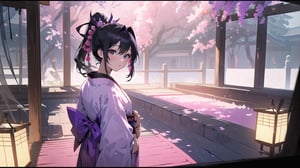 masterpiece, best quality, high quality, extremely detailed CG unity 8k wallpaper, extremely detailed, High Detail, vibrant colors, backlight, photo background, 

(1girl, solo), long hair, looking at viewer, black hair, ribbon, hair ribbon, upper body, ponytail, japanese clothes, kimono, blurry, black eyes, blurry background, pink ribbon, yukata,

A woman wearing a traditional Japanese kimono with geometric patterns in pink, blue, and white colors, Her hair is tied in a low ponytail with pink hair accessories, The background features a purple curtain with a white emblem, suggesting a traditional setting, wide shot, full body view, traditional Japanese room, tatami mats, shoji screen, lanterns, serene atmosphere, distant view,