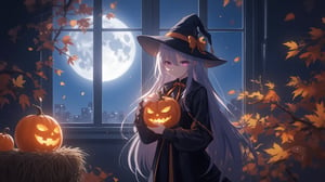 Mystical Moonlight Encounter: A young anime girl, dressed in a black cape and witch hat, holds a pumpkin with an intense gaze. Standing before a large window framing a moonlit night sky, her focus is riveted on the pumpkin. To her left, a vibrant yellow pumpkin sits atop a straw bale amidst autumn leaves, adding a burst of warmth to the enchanting scene.