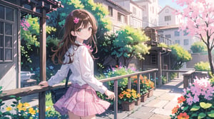 masterpiece, best quality, high quality, extremely detailed CG unity 8k wallpaper, extremely detailed, High Detail, vibrant colors, backlight, photo background, 

(1girl, solo), long hair, looking at viewer, smile, bangs, skirt, brown hair, shirt, long sleeves, brown eyes, standing, flower, outdoors, looking back, lips, head tilt, plaid, pink shirt, pink plaid shirt, plaid shirt, 

green plants, stairs, railing, walkway, orange flowers, outdoor, park, garden, lush greenery, metal railing, peaceful environment, nature scenery