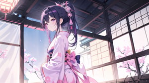 masterpiece, best quality, high quality, extremely detailed CG unity 8k wallpaper, extremely detailed, High Detail, vibrant colors, backlight, photo background, 

(1girl, solo), long hair, looking at viewer, black hair, ribbon, hair ribbon, upper body, ponytail, japanese clothes, kimono, blurry, black eyes, blurry background, pink ribbon, yukata,

A woman wearing a traditional Japanese kimono with geometric patterns in pink, blue, and white colors, Her hair is tied in a low ponytail with pink hair accessories, The background features a purple curtain with a white emblem, suggesting a traditional setting, wide shot, full body view, traditional Japanese room, tatami mats, shoji screen, lanterns, serene atmosphere, distant view,