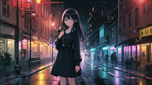 masterpiece, best quality, high quality, extremely detailed, High Detail, vibrant colors, backlight, 

(1girl, solo), long hair, looking at viewer, bangs, black hair, long sleeves, parted lips, lips, dress, standing, delicate face, soft lighting,

night, outdoors, tree, ground vehicle, city, car, road, lamppost, street, crosswalk, night city street, buildings, street lights, trees, road signs, reflections on wet ground, urban night scene, light rain, glowing neon signs, misty ambiance, bustling city, illuminated skyscrapers, busy streets, traffic lights, sidewalk, shop windows, cityscape, urban skyline, 