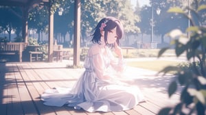 masterpiece, best quality, high quality, extremely detailed CG unity 8k wallpaper, extremely detailed, High Detail, vibrant colors, backlight, 

(1girl, solo), looking at viewer, black hair, dress, sitting, white dress, see-through, realistic, salute, bench,

A person sitting outdoors on a wooden floor, wearing a white dress and transparent long sleeves, with a pink bow accessory in hair, sunlight creating bright shadows, natural and comfortable environment with trees and wooden benches in the background