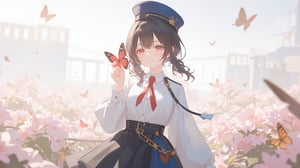 A stunning digital illustration of a single girl posing solo in front of a simple background with a dreamy, pastel-colored garden filled with blooming flowers and butterflies. She wears a white long-sleeved shirt with a red necktie and a black skirt, complete with low twintails and bangs framing her face. Her hair falls between her eyes, and she keeps her parted lips closed, showcasing a subtle smirk. The focus is on her bust shot as she holds a red butterfly specimen in front of her. A black and blue military hat sits atop her head, adding an air of uniformity to the overall design. Soft shadows enhance the dreamcore atmosphere, inviting the viewer to step into this whimsical world.