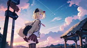 masterpiece, best quality, high quality, extremely detailed, High Detail, vibrant colors, backlight, colorful, illustration, purple and pink hues

(1girl, solo), short hair, blue eyes, blonde hair, monocle hair ornament, from side, virtual youtuber, amelia watson, watson amelia, amelia_detective, collared shirt, red necktie, plaid skirt, thighhighs, (detective accessories:0) deerstalker, brown capelet, pocket watch, stethoscope, syringe, 

outdoors, sky, cloud, wind, sunset, sunset sky, large clouds, detective outfit, plaid hat, wind blowing, soft lighting, outdoor scene, bus stop sign