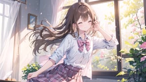 masterpiece, best quality, high quality, extremely detailed CG unity 8k wallpaper, extremely detailed, High Detail, vibrant colors, backlight, simple background, ethereal, dreamy atmosphere, soft lighting, gentle hues,

(1girl, solo), long hair, brown hair, one eye closed, pink plaid shirt, plaid skirt,

a young girl standing by a window, wearing a pink plaid shirt, smiling cutely with one eye winking, hands on her cheeks, playful pose, casual outfit, natural lighting, soft glow, whimsical setting,