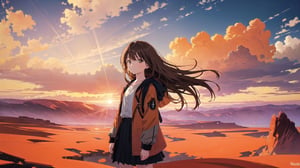 masterpiece, best quality, high quality, extremely detailed CG unity 8k wallpaper, extremely detailed, High Detail, vibrant colors, backlight, photo background, 

(1girl, solo), long hair, looking at viewer, smile, skirt, brown hair, long sleeves, standing, jacket, outdoors, coat,

A person wearing a black jacket standing in front of a vast desert landscape with rocky formations and a cloudy sky, A vast desert landscape with reddish-orange rock formations, eroded geological structures, and flat rock plateaus in the distance under a cloudy sky,