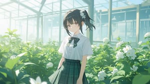 masterpiece, best quality, high quality, extremely detailed CG unity 8k wallpaper, extremely detailed, High Detail, vibrant colors, backlight, photo background, 

(1girl, solo), skirt, shirt, black hair, bow, school uniform, white shirt, ponytail, flower, short sleeves, pleated skirt, outdoors, bowtie, plaid, plaid skirt, field, flower field,

A girl in a white shirt and green plaid skirt standing in a field of green plants and white flowers, with a transparent greenhouse in the background, bright sunny day, fresh and natural atmosphere