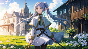 masterpiece, best quality, high quality, extremely detailed CG unity 8k wallpaper, extremely detailed, High Detail, vibrant colors, backlight, photo background, 

(1girl, solo), frieren, long hair, twintails, (green eyes:1.5), grey hair, pointy ears, elf, shirt, long sleeves, jewelry, pantyhose, earrings, striped, black pantyhose, capelet, striped shirt, 

upper body, outdoors, sky, pointy ears, cloud, hand up, blurry, from side, petals, floating hair, field,

A fantasy elf girl with long silver hair, standing in a field of flowers with a dreamy sky background, She is holding a magical staff and her hair is flowing in the wind, The scene is serene and filled with soft light, 