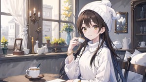 masterpiece, best quality, high quality, extremely detailed CG unity 8k wallpaper, extremely detailed, High Detail, vibrant colors, backlight, photo background, 

(1girl, solo), long hair, looking at viewer, smile, brown hair, long sleeves, hat, holding, brown eyes, jewelry, upper body, indoors, nail polish, bracelet, cup, lips, window, table, holding cup, beanie,

a young woman, wearing a light-colored fuzzy hat, long straight black hair, blue turtleneck long-sleeve shirt, holding a yellow and white striped cup, sitting indoors with striped wall background, smiling, cozy atmosphere, high quality, detailed face, natural lighting