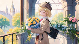 masterpiece, best quality, high quality, extremely detailed, High Detail, vibrant colors, simple background,  white background, colorful, bright background, happy atmosphere, cute, 

(1girl, solo), blush, smile,  grin, ^ ^, closed eyes, virtual youtuber, amelia watson, watson amelia,short hair, blonde hair, hair ornament, onocle hair ornament, amelia_detective, collared shirt, red necktie, plaid skirt, thighhighs, smile, holding, standing, from side, clock, pocket watch, deerstalker, detective outfit, trench coat, holding, flower, bouquet, holding bouquet, holding bouquet of flowers, holomyth, 