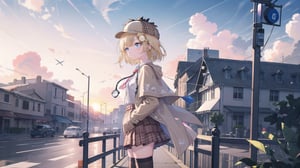 masterpiece, best quality, high quality, extremely detailed, High Detail, vibrant colors, backlight, colorful, illustration, purple and pink hues

(1girl, solo), short hair, blue eyes, blonde hair, monocle hair ornament, from side, virtual youtuber, amelia watson, watson amelia, amelia_detective, collared shirt, red necktie, plaid skirt, thighhighs, (detective accessories:0) deerstalker, brown capelet, pocket watch, stethoscope, syringe, 

outdoors, sky, cloud, wind, sunset, sunset sky, large clouds, detective outfit, plaid hat, wind blowing, soft lighting, outdoor scene, bus stop sign