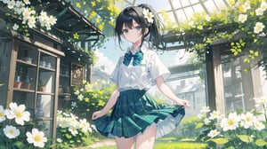 masterpiece, best quality, high quality, extremely detailed CG unity 8k wallpaper, extremely detailed, High Detail, vibrant colors, backlight, photo background, 

(1girl, solo), skirt, shirt, black hair, bow, school uniform, white shirt, ponytail, flower, short sleeves, pleated skirt, outdoors, bowtie, plaid, plaid skirt, field, flower field,

A girl in a white shirt and green plaid skirt standing in a field of green plants and white flowers, with a transparent greenhouse in the background, bright sunny day, fresh and natural atmosphere