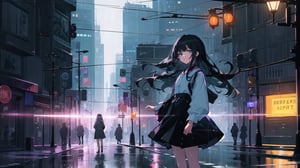 masterpiece, best quality, high quality, extremely detailed, High Detail, vibrant colors, backlight, 

(1girl, solo), long hair, looking at viewer, bangs, black hair, long sleeves, parted lips, lips, dress, standing, delicate face, soft lighting,

night, outdoors, tree, ground vehicle, city, car, road, lamppost, street, crosswalk, night city street, buildings, street lights, trees, road signs, reflections on wet ground, urban night scene, light rain, glowing neon signs, misty ambiance, bustling city, illuminated skyscrapers, busy streets, traffic lights, sidewalk, shop windows, cityscape, urban skyline, 