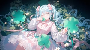 Beautiful anime-style girl in a pastel pink and white Lolita dress with lace and ribbon details, long curly light blue hair with pink bows, adorned with pink flowers, holding a large green prop. She is posed in front of a large green Lucky clover decoration, resembling a heart-shaped green leaf, with a green ribbon adding a pop of color. The background is dark, creating a stark contrast to her outfit. Elegant and whimsical atmosphere, detailed and intricate design, with vibrant colors and soft shading typical of anime art.