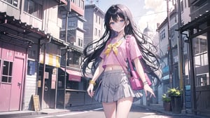 masterpiece, best quality, high quality, extremely detailed CG unity 8k wallpaper, extremely detailed, High Detail, vibrant colors, backlight, photo background, 

(1girl, solo), long hair, looking at viewer, smile, skirt, shirt, black hair, navel, jewelry, standing, short sleeves, pleated skirt, midriff, bag, bracelet, grey skirt, pink shirt, shoulder bag,

girl, pink short sleeve top, grey pleated skirt, yellow small bag, standing, blue shutter door, white text, posing with hands above head, casual outfit,