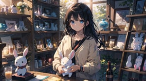 masterpiece, best quality, high quality, extremely detailed CG unity 8k wallpaper, extremely detailed, High Detail, vibrant colors, backlight, photo background, 

(1girl, solo), long hair, looking at viewer, smile, bangs, shirt, black hair, long sleeves, holding, jewelry, closed mouth, upper body, indoors, black eyes, bracelet, :3, stuffed toy, stuffed animal, stuffed bunny, holding stuffed toy, shelf, shop,

A woman sitting in a cozy shop or café, holding a cute white plush toy with blue eyes and a smiling face, The background includes wooden shelves with various products, She is wearing a pink cardigan and a white dress, with a bracelet on her wrist, Warm and inviting atmosphere,