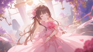 masterpiece, best quality, high quality, extremely detailed CG unity 8k wallpaper, extremely detailed, High Detail, vibrant colors, backlight, photo background, 

(1girl, solo), long hair, smile, brown hair, hair ornament, dress, jewelry, closed eyes, flower, earrings, lips, wavy hair, bouquet,

A dreamy, ethereal scene with pastel pink and purple floral decorations in the background, A person in a flowing pink gown holding a large pink flower, surrounded by a soft and romantic atmosphere