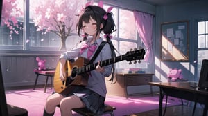 masterpiece, best quality, high quality, extremely detailed CG unity 8k wallpaper, extremely detailed, High Detail, vibrant colors, backlight, photo background, pink tones,

(1girl, solo), long hair, smile, bangs, skirt, black hair, bow, twintails, sitting, school uniform, closed eyes, indoors, low twintails, pink bow, instrument, desk, music, guitar, playing instrument, electric guitar, acoustic guitar

A girl in a school uniform sitting in a pink classroom, playing a pink guitar. The room is decorated with pink tones, a painting of smiling flowers on the wall, and plush toys in the corner,