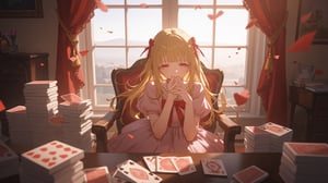 A young girl sits pensively on a worn chair, surrounded by stacks of playing cards, amidst a room bathed in soft, warm light. A large window behind her frames a serene landscape, while red curtains flutter gently. Her long blonde hair falls to her shoulders, with bangs framing her thoughtful expression. The pink dress and red bow add a touch of whimsy, as she holds a card tightly in her hand, lost in contemplation.