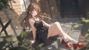 (1girl, solo), long hair, looking at viewer, skirt, brown hair, dress, brown eyes, jewelry, sitting, full body, outdoors, shoes, sleeveless, socks, black skirt, necklace, black dress, lips, shadow, white socks, red footwear, stairs,

A woman sitting on outdoor steps, wearing a black sleeveless dress, long wavy hair, white socks, and red patent leather chunky shoes. Sunlight casting long shadows, with a brick wall and door in the background