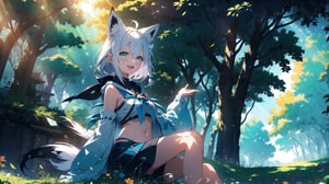 masterpiece, best quality, high quality, extremely detailed CG unity 8k wallpaper, extremely detailed, High Detail, vibrant colors, backlight, photo background, 

(1girl, solo), long hair, breasts, looking at viewer, smile, open mouth, bangs, navel, animal ears, hair between eyes, sitting, green eyes, tail, braid, ahoge, white hair, sidelocks, outdoors, detached sleeves, shorts, day, virtual youtuber, hood, wide sleeves, tree, neckerchief, animal ear fluff, fox ears, short shorts, single braid, hoodie, fox tail, wariza, black shorts, grass, outstretched arm, fox girl, nature, side braid, forest, outstretched hand, reaching towards viewer, blue neckerchief, dappled sunlight, white hoodie, shirakami fubuki,

A cute girl with white short hair and animal ears, sitting on a grassy forest clearing, wearing a loose white shirt with a blue scarf, reaching out with a warm smile, sunny forest background, green grass and scattered flowers, anime style,