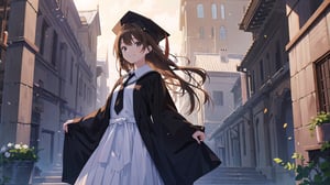 masterpiece, best quality, high quality, extremely detailed CG unity 8k wallpaper, extremely detailed, High Detail, vibrant colors, backlight, simple background,

(1girl, solo), long hair, looking at viewer, smile, brown hair, shirt, long sleeves, hat, brown eyes, white shirt, braid, necktie, collared shirt, wide sleeves, black headwear, grass, robe, black robe, cap, (graduation gown, academic gown), mortarboard,

a happy young woman in a graduation gown and cap, standing in front of a grey wall with round windows, outdoor setting, smiling, celebration,

campus features, university building, trees, academic environment, 