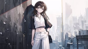 masterpiece, best quality, high quality, extremely detailed CG unity 8k wallpaper, extremely detailed, High Detail, vibrant, colors, backlight, simpler background, white background, grayscale background, elegant, chic, stylish, fashionable,

(1girl, solo), long hair, looking at viewer, brown hair, shirt, holding, jewelry, standing, upper body, flower, short sleeves, shoes, midriff, pants, necklace, bag, crop top, hand on hip, black shirt, white footwear, sneakers, watch, handbag, white pants, tiles, wristwatch, holding bag,

A young fashionable woman standing in front of a wall decorated with white floral reliefs, wearing a black crop top, white loose pants, gray sneakers, and holding a black handbag, minimalist and modern style, stylish accessories, 