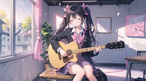 masterpiece, best quality, high quality, extremely detailed CG unity 8k wallpaper, extremely detailed, High Detail, vibrant colors, backlight, photo background, pink tones,

(1girl, solo), long hair, smile, bangs, skirt, black hair, bow, twintails, sitting, school uniform, closed eyes, indoors, low twintails, pink bow, instrument, desk, music, guitar, playing instrument, electric guitar, acoustic guitar

A girl in a school uniform sitting in a pink classroom, playing a pink guitar. The room is decorated with pink tones, a painting of smiling flowers on the wall, and plush toys in the corner,